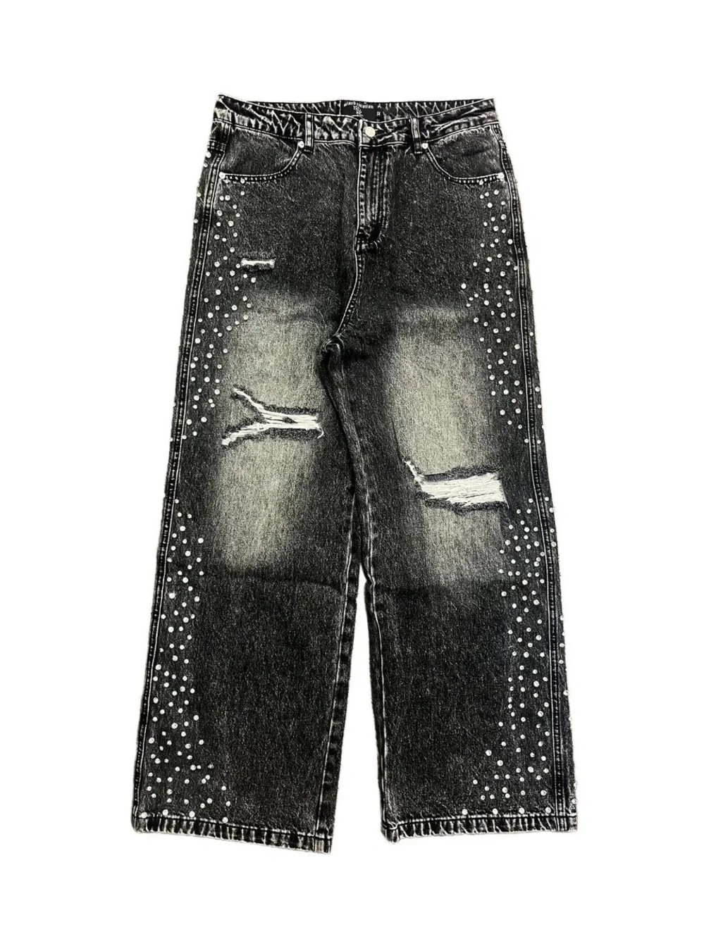 Black Distressed Straight-Leg Jeans with Stud Detail - unisex